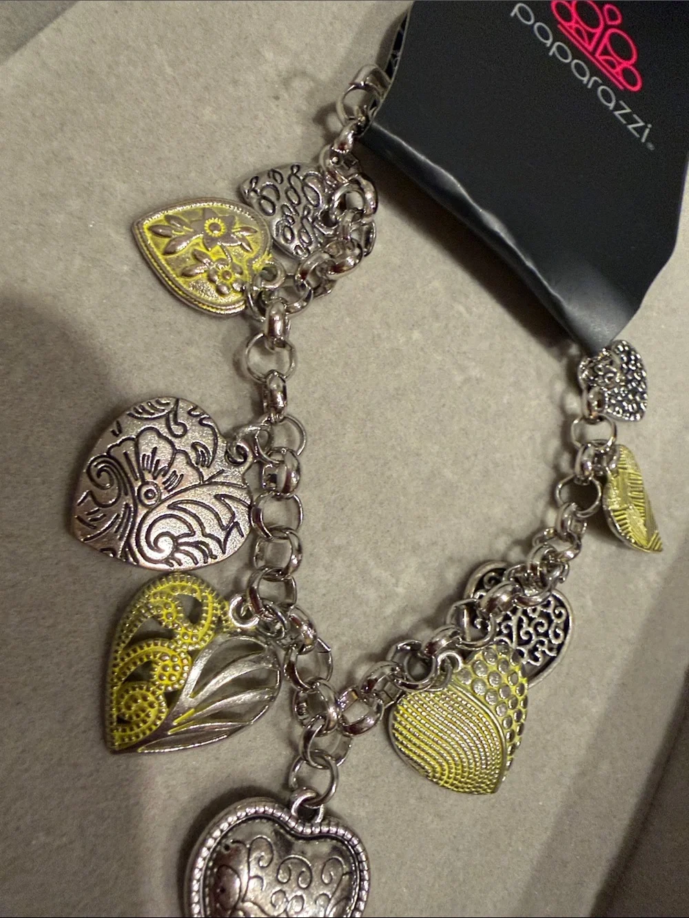 paparazzi Yellow and Silver Heart Charm Bracelet